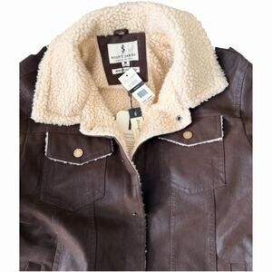 Scott James Mens M Brown Faux Leather Sherpa Lined Trucker Jacket Snap Front NWT